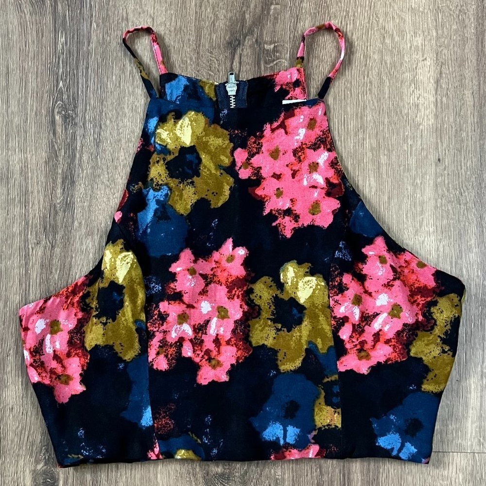 Abercrombie Black Navy Pink Floral Crop Top Back Zipper Sz XS